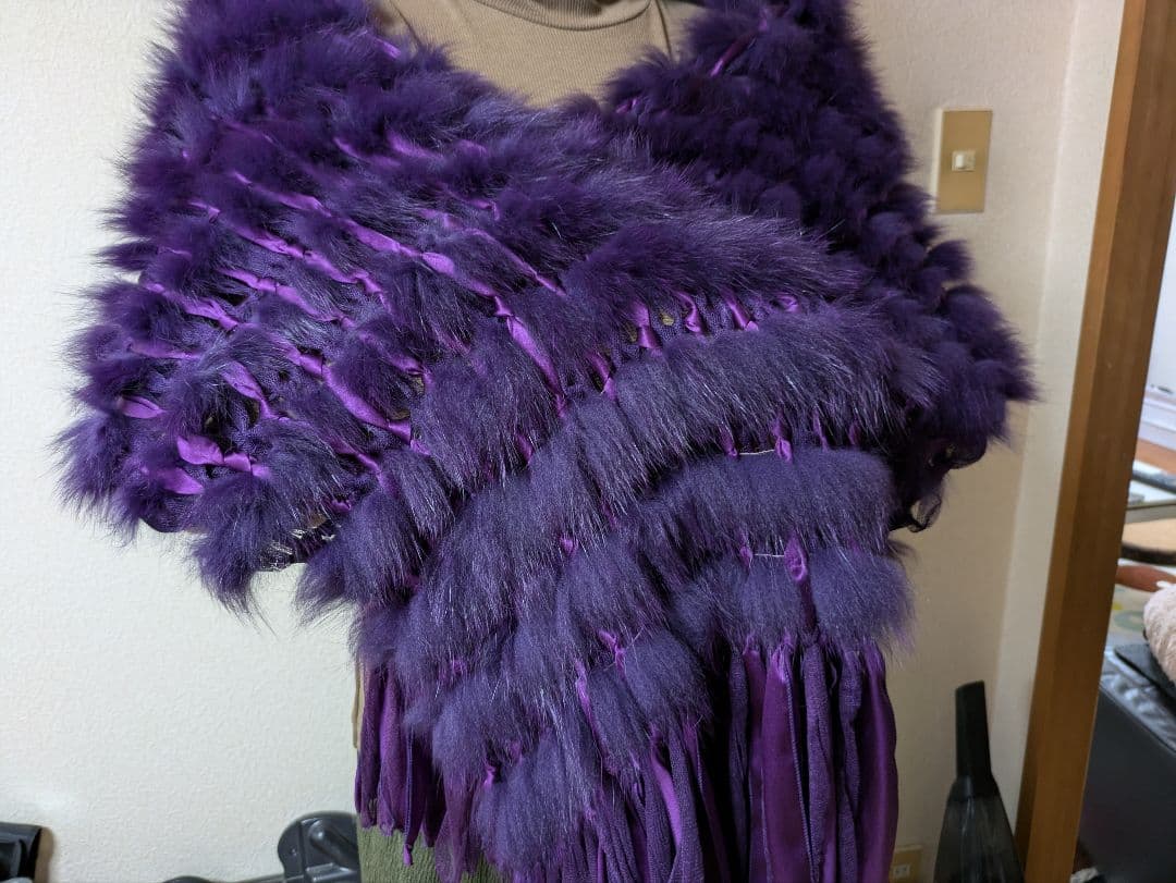 紫色ファー フリンジ付きストール