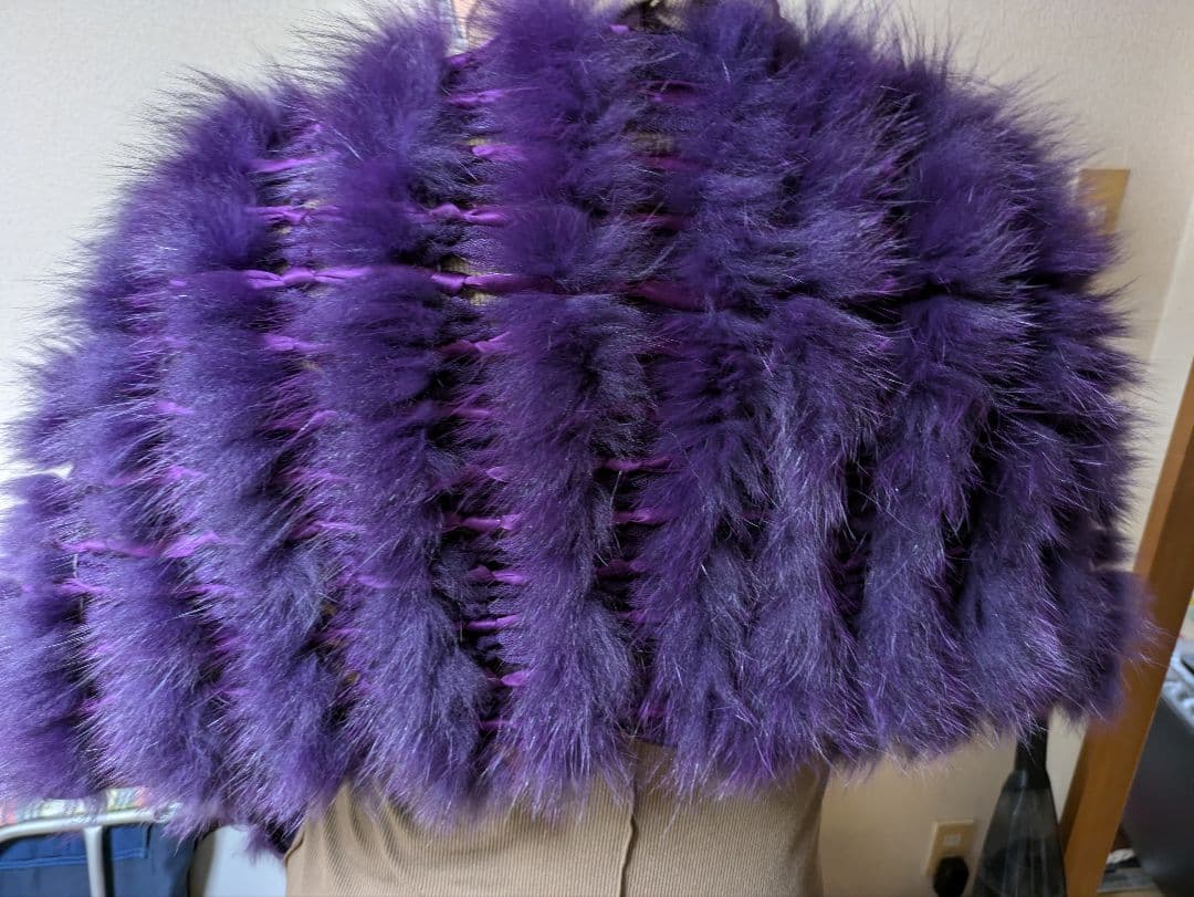 紫色ファー フリンジ付きストール