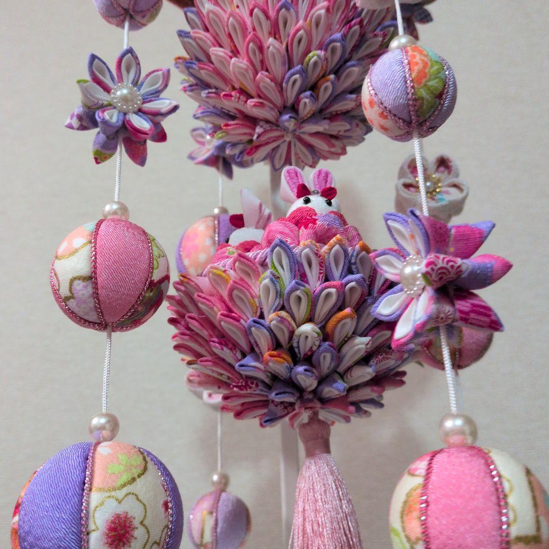 つまみ細工吊るし雛 ピンク紫 髪飾り付き お雛様