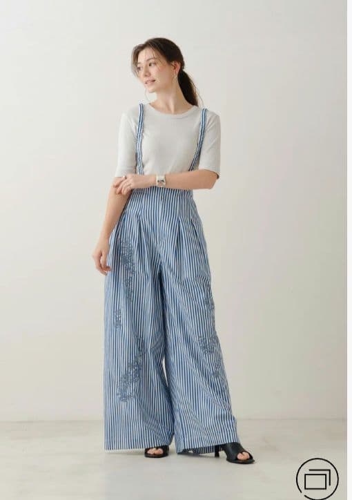 Cotton Stripe Ivy Flower EmbroideryPants
