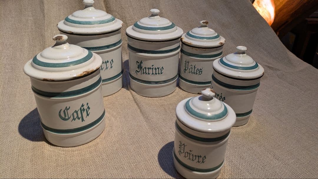 フランス　希少エトワール社　アンティーク　ホーロー　キャニスター 6個セット