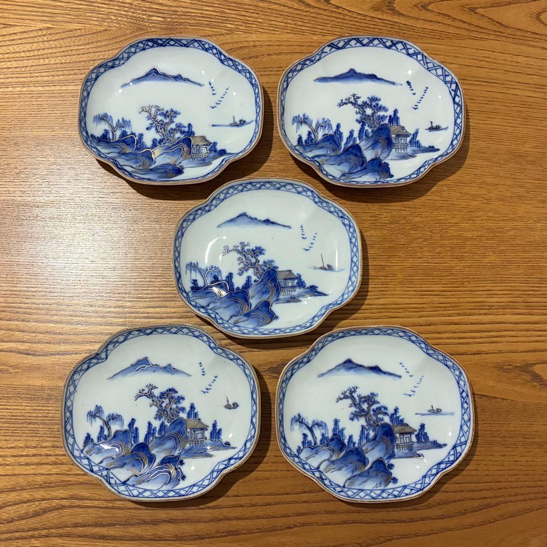 まり様【大正ヴィンテージ 九谷焼】刺身皿5枚/小皿5枚セット