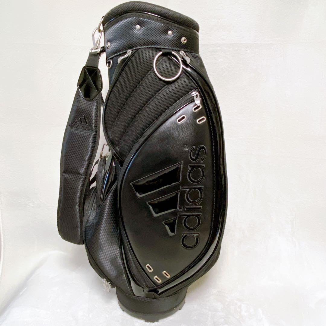 アディダス　キャディバッグ　オールブラック　黒　エナメル　合成皮革　9型　5分割