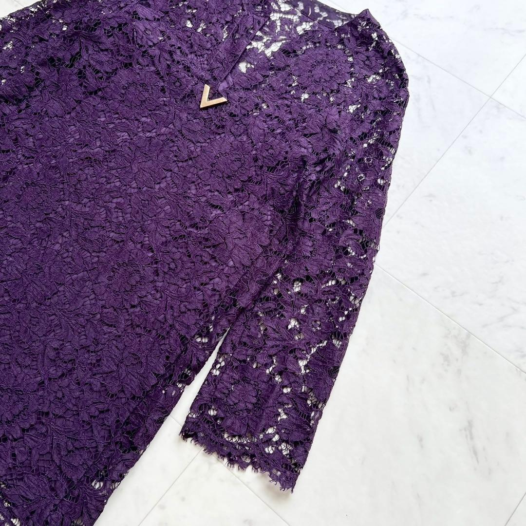 VALENTINO Vロゴ金具 総フラワーレースドレス Vネック パープル