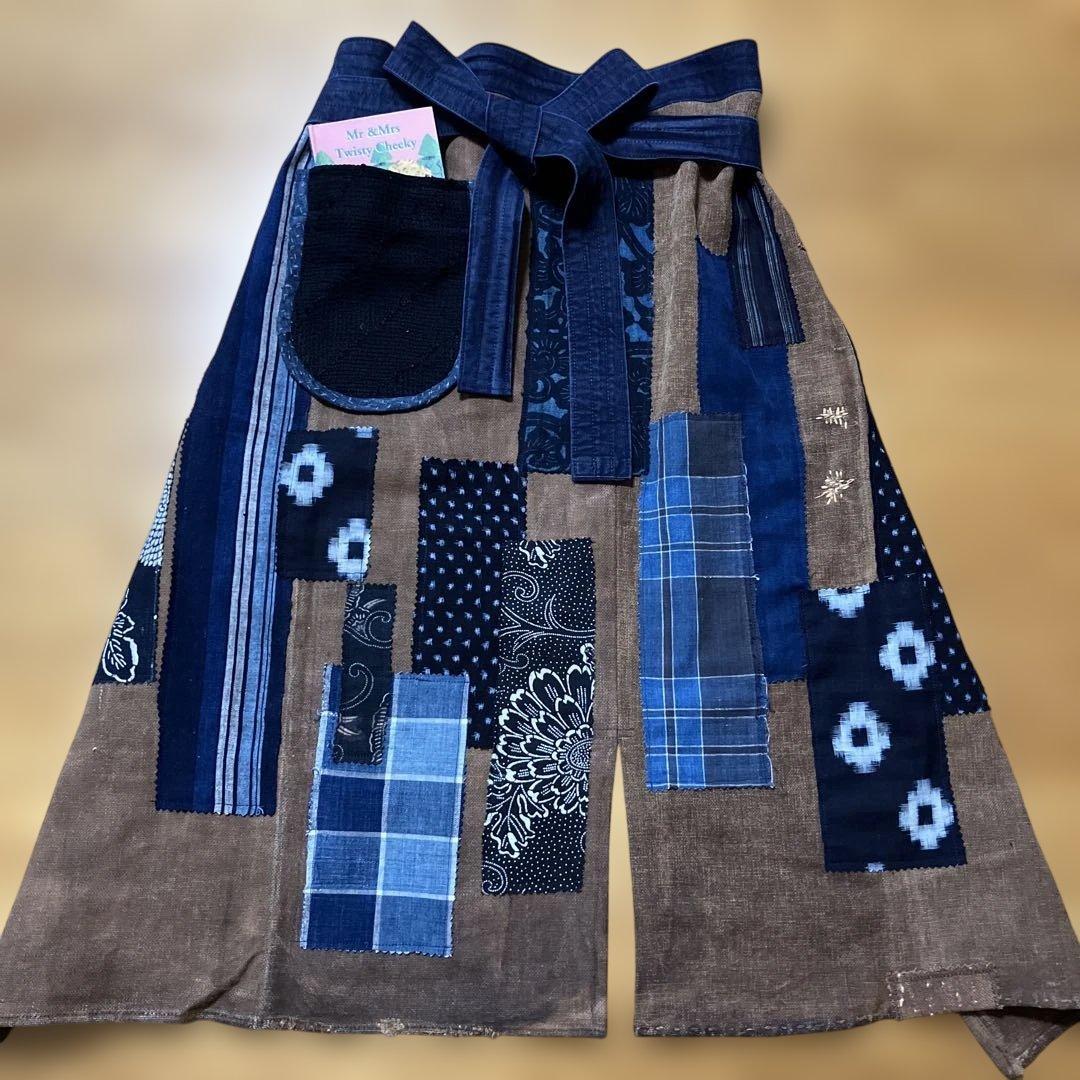 柿渋染め酒袋古布型染め雪ん子格子、縞木綿庄内刺し子ポケット