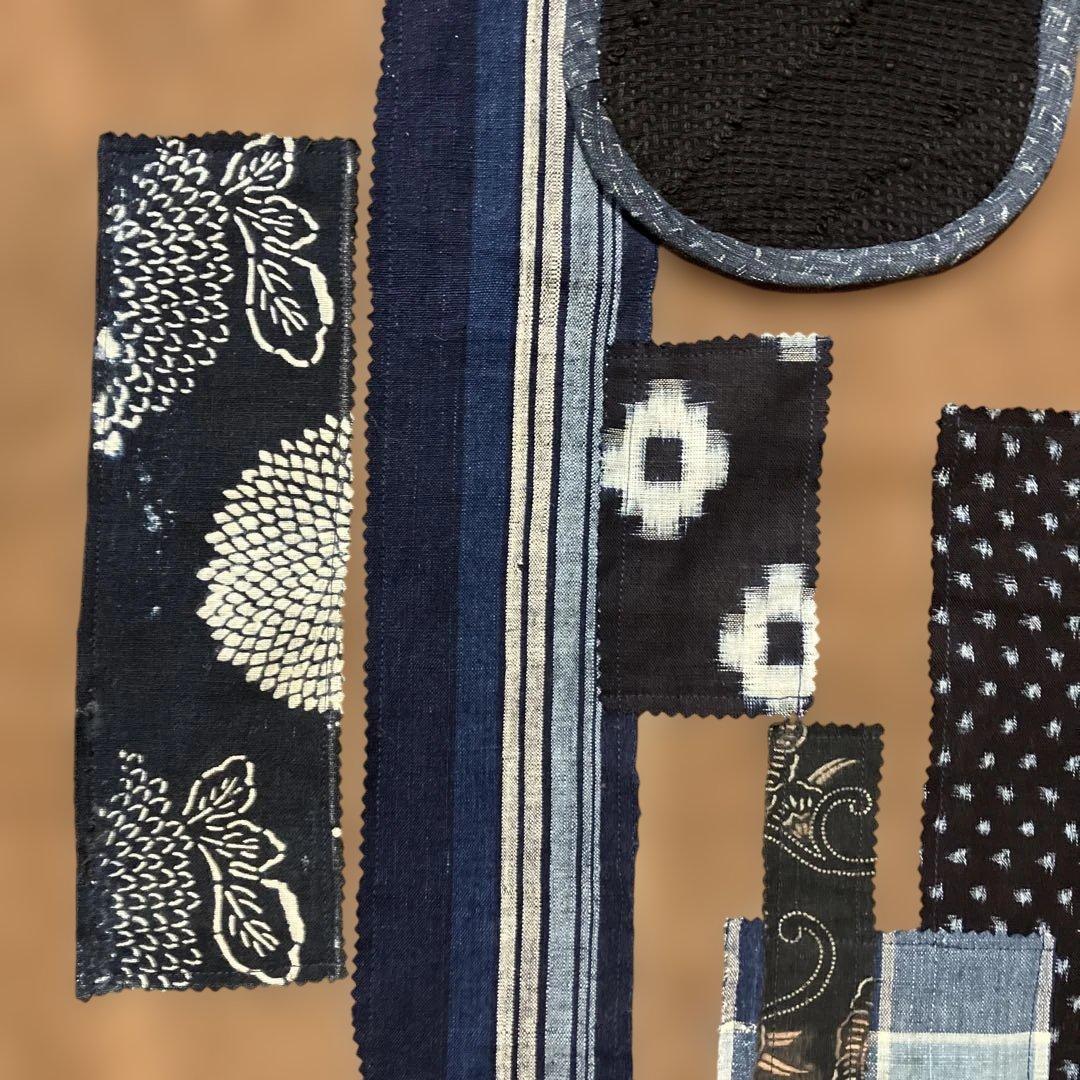 柿渋染め酒袋古布型染め雪ん子格子、縞木綿庄内刺し子ポケット