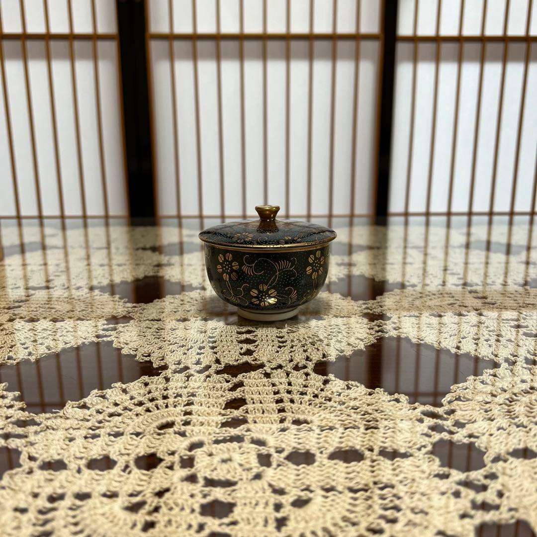 新品未使用 九谷焼 勝月 蓋付汲出碗揃 青粒金彩花唐草