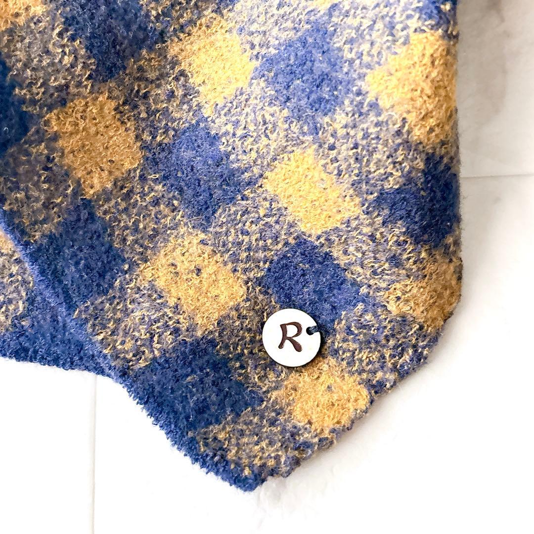 美品 45R 大判ストール ロゴチャーム ブロックチェック グレー ウール