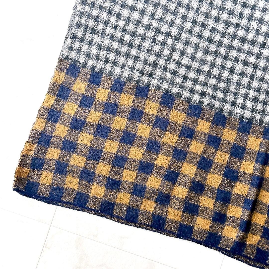 美品 45R 大判ストール ロゴチャーム ブロックチェック グレー ウール