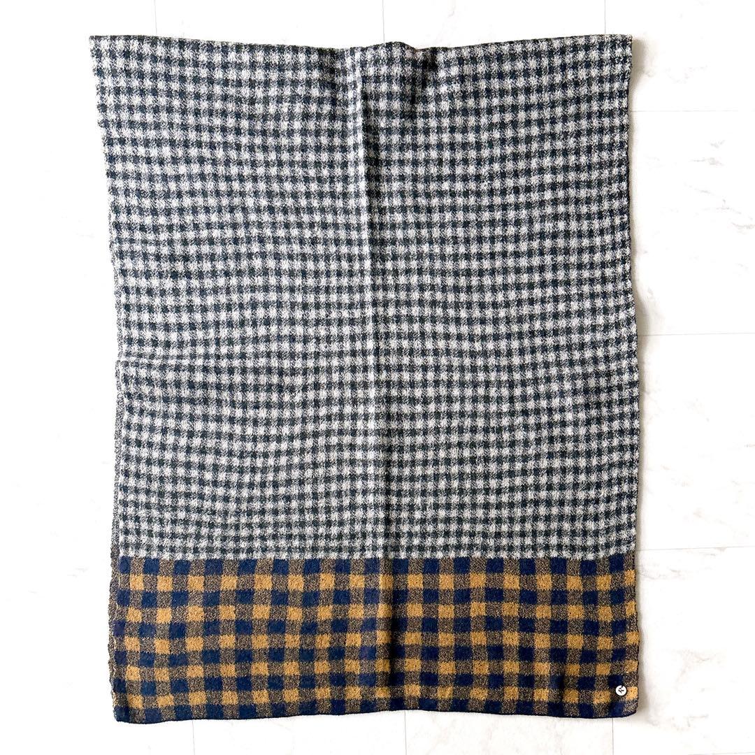 美品 45R 大判ストール ロゴチャーム ブロックチェック グレー ウール