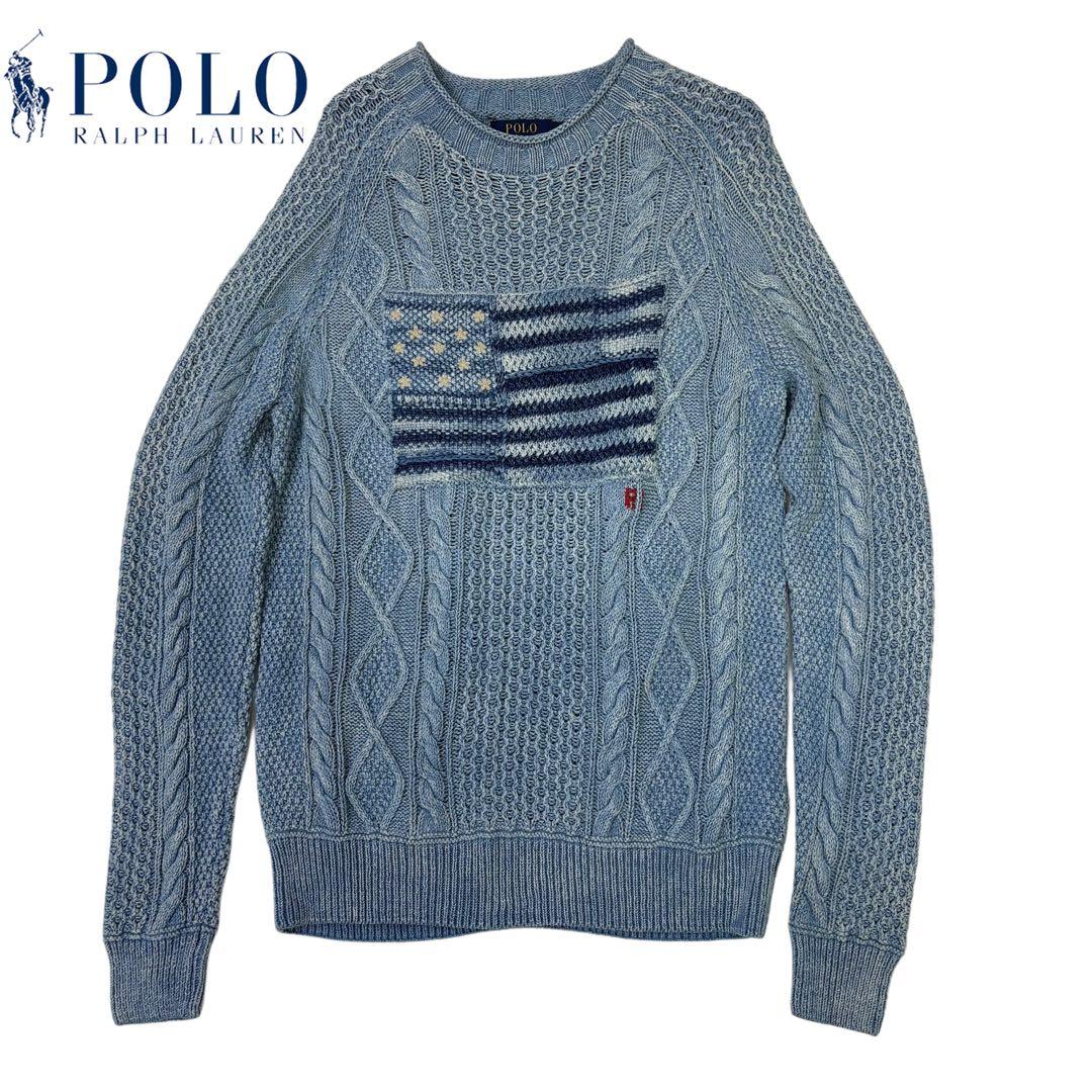 ポロ ラルフローレン インディゴ 藍染 星条旗 ケーブル ニット アランセーター