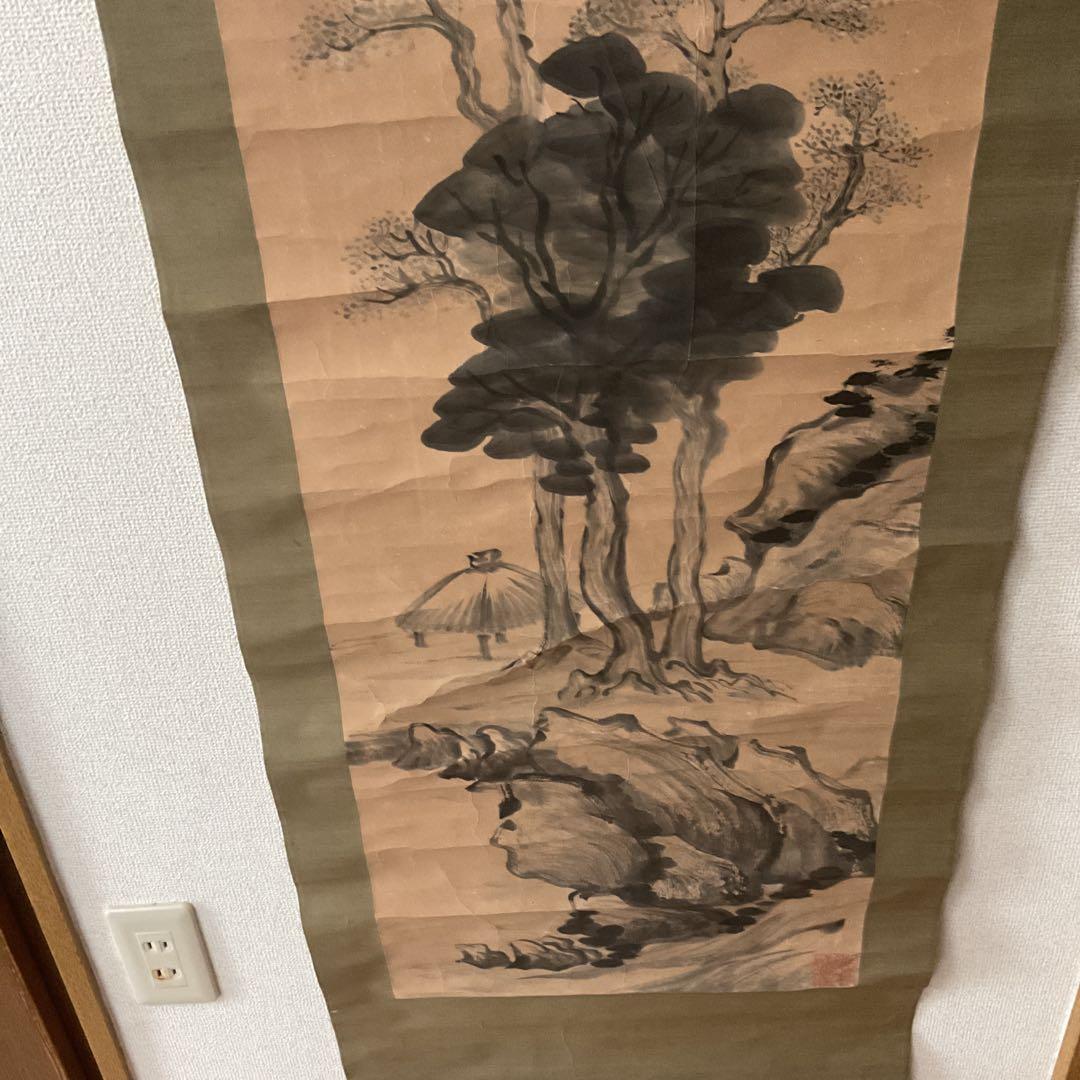 紙本掛け軸 水墨山水画 賛 画【印譜】 賛【落款印譜在】 木軸先 桐合箱