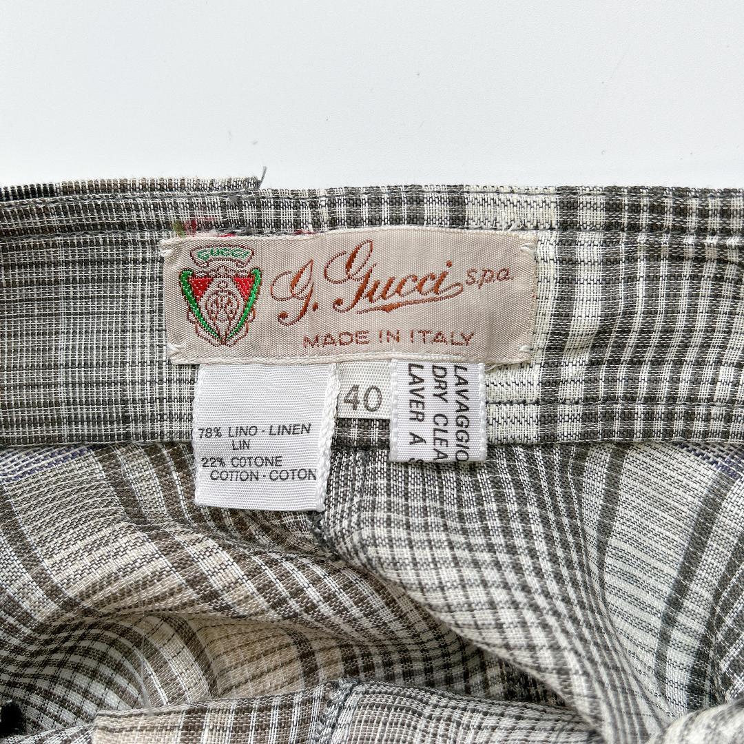 超希少！オールドグッチ リネン フレアスカート チェック ロング 40 グレー