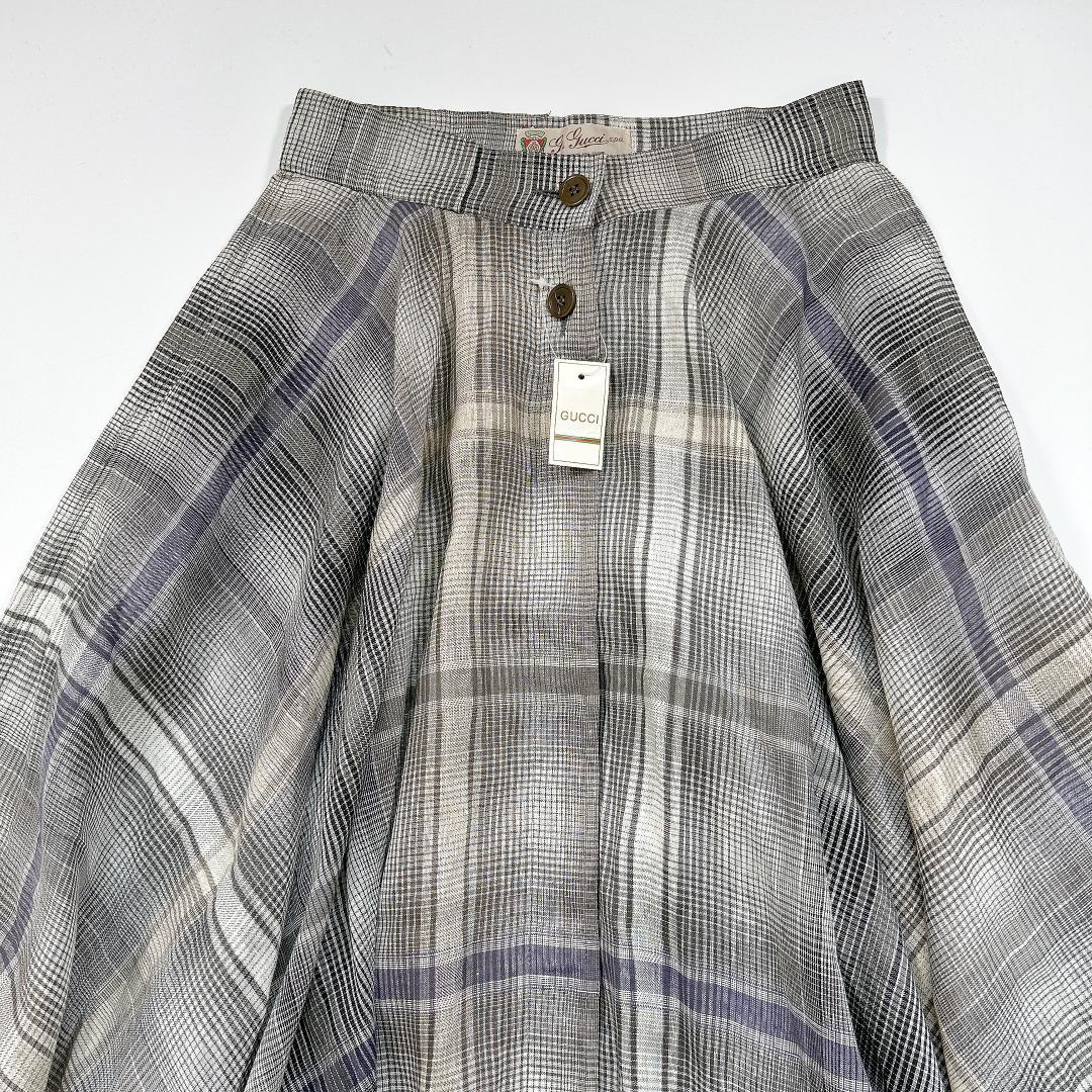 超希少！オールドグッチ リネン フレアスカート チェック ロング 40 グレー