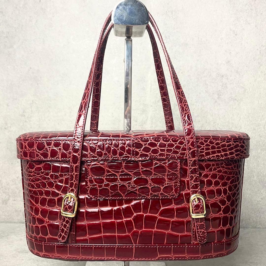 美品 保証書付き クロコダイル 型押し シャイニング バニティ ボルドー 鏡付き