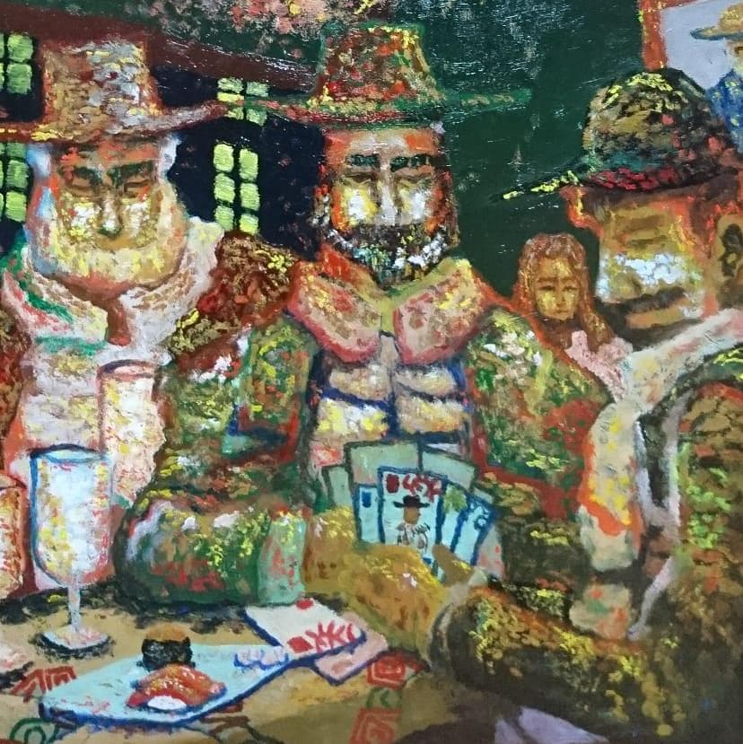 トランプで遊ぶ人たちII   油絵   ※肉筆