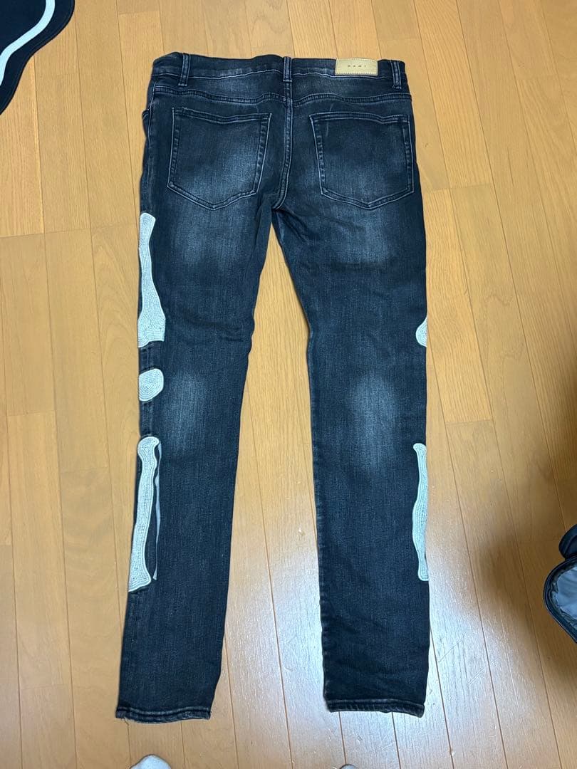 H*S様 骨プリント ダークブルーデニムパンツ - パンツオンライン