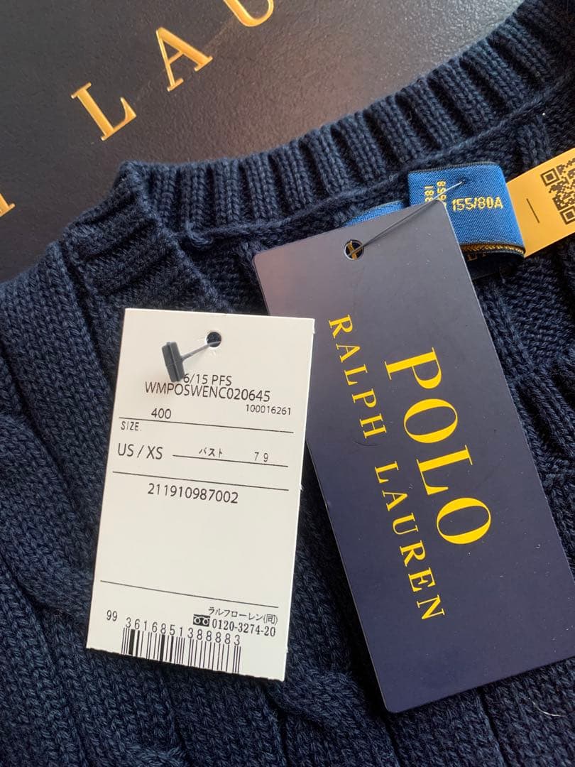 新品タグ付】ポロ ラルフローレン ケーブルニット 半袖 QR 刺繍ロゴ 紺