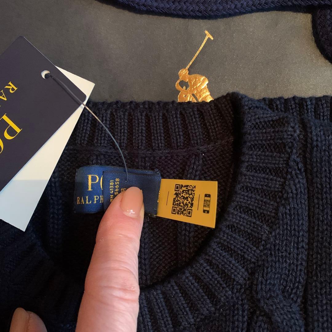 新品タグ付】ポロ ラルフローレン ケーブルニット 半袖 QR 刺繍ロゴ 紺
