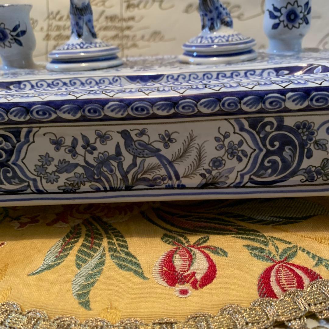 フランス製　破格！ビンテージのルーアン窯のローソク立て付きインク壺プレート！