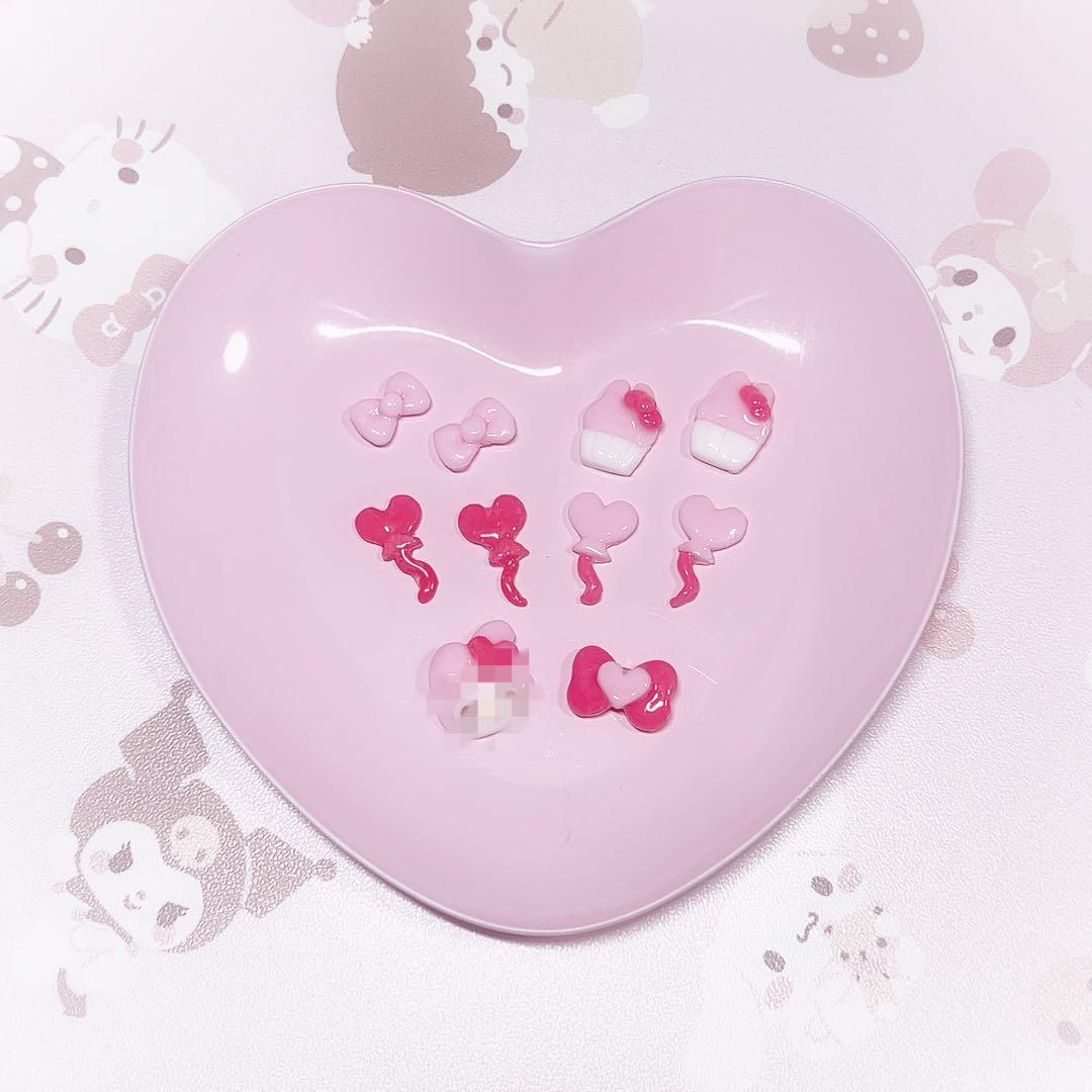3Dネイルパーツ ♡あか×ぴんくのリボンとハートのセット♡ 量産型 地雷