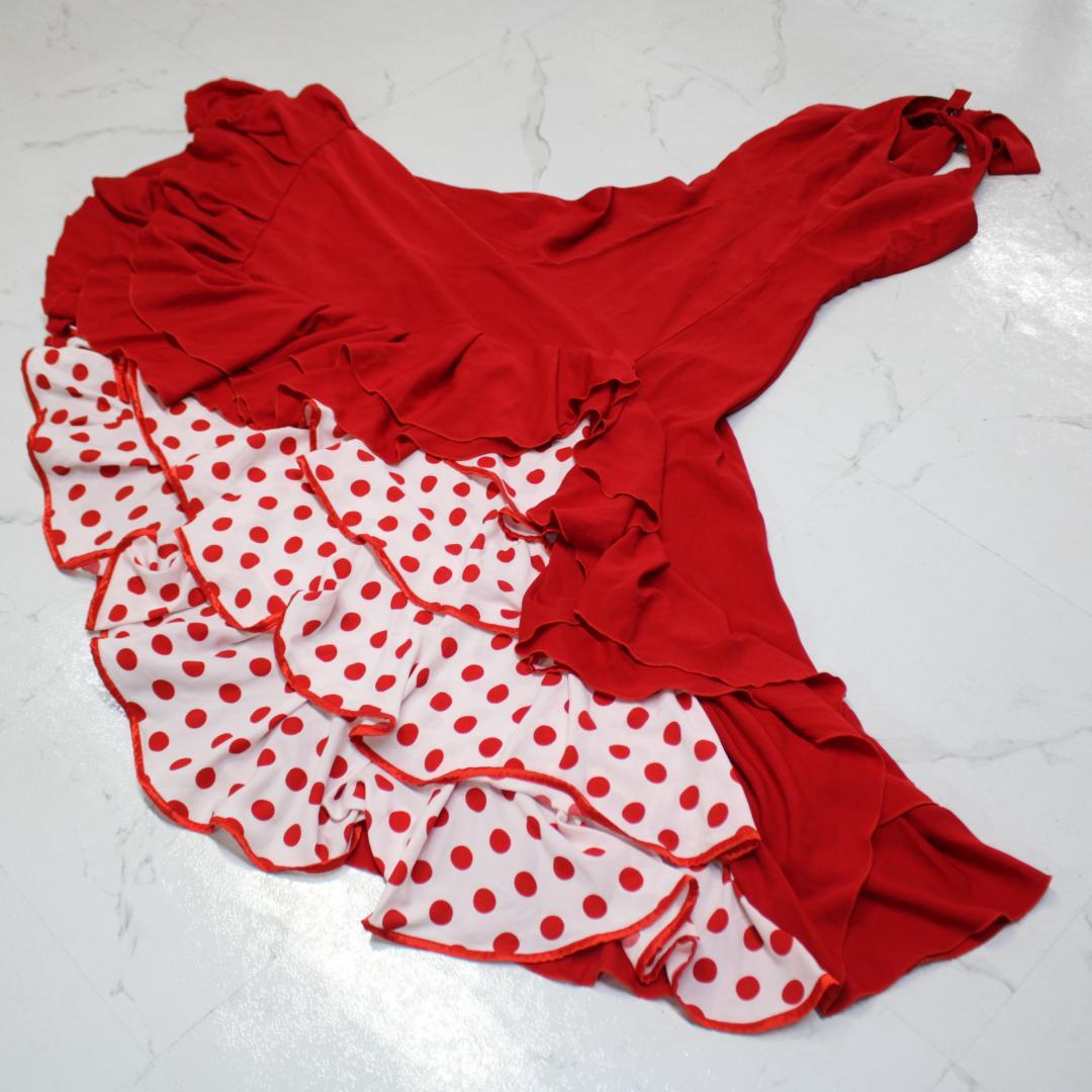 美品 フラメンコ衣装】レッド×豪華ボランテ ワンピース ドレス 水玉