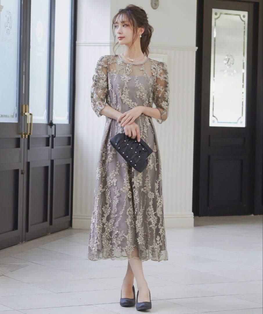 niana　ニアナ 刺繍レース バックリボン ワンピース ドレス　LL