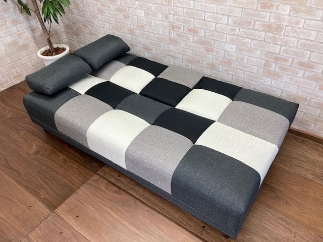 ソファーベッド　小テーブル付き　パッチワーク柄　グレーMIX　ソファ　新品