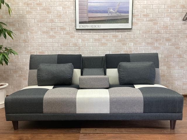 ソファーベッド　小テーブル付き　パッチワーク柄　グレーMIX　ソファ　新品