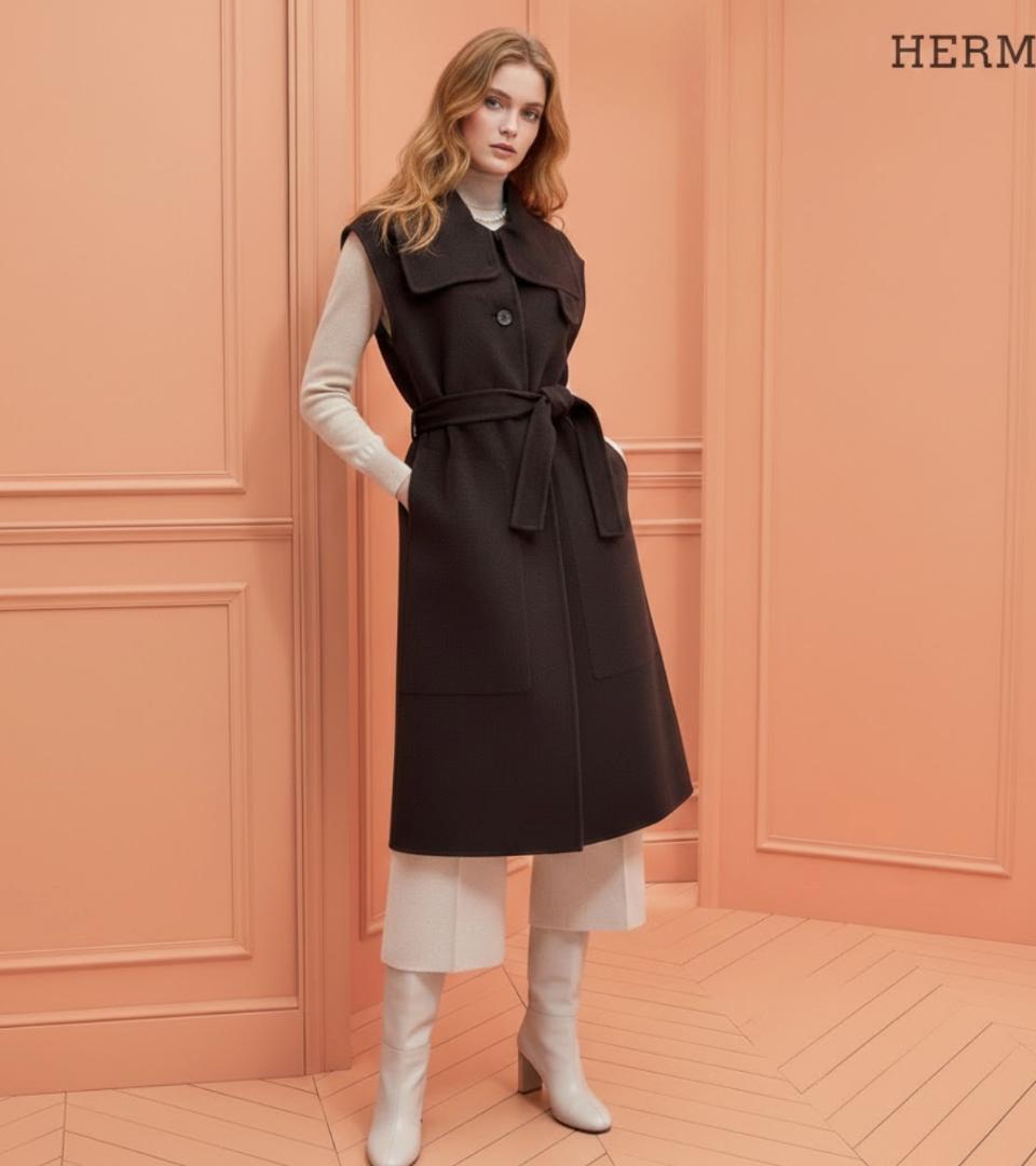 極美品☆HERMES☆カシミヤダブルフェイス☆本革☆ロゴ☆ジレ☆ロング