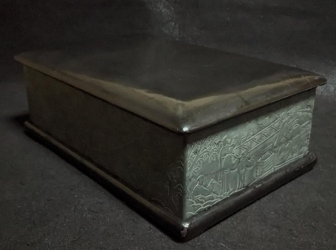 【蘭亭硯】◆五台山緑石の特大加厚硯◆群微点状波紋の潤緑美石◆唐木天地蓋◆王羲之