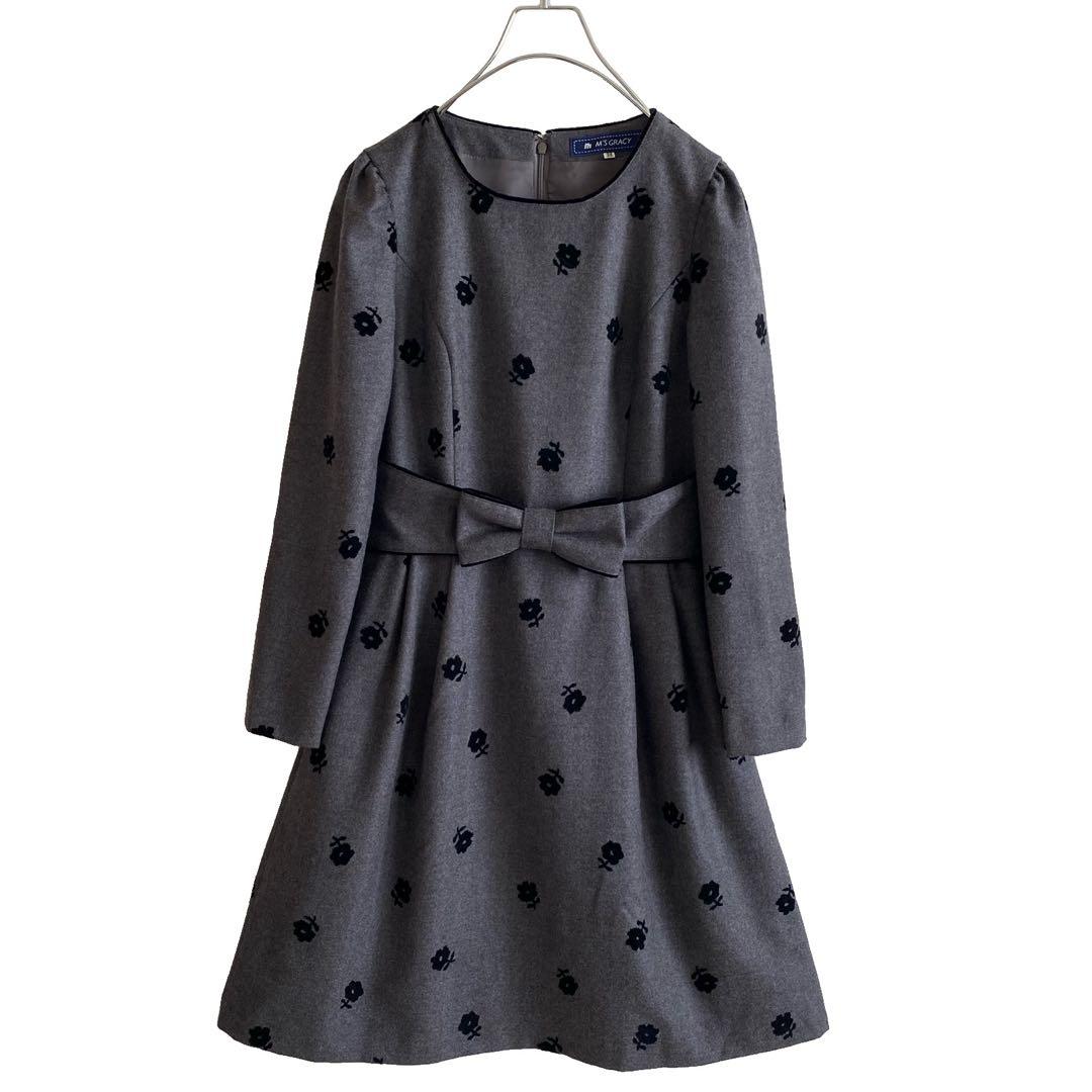 美品 MS GRACY エムズグレイシー 花柄 ウール ワンピース 38 リボン
