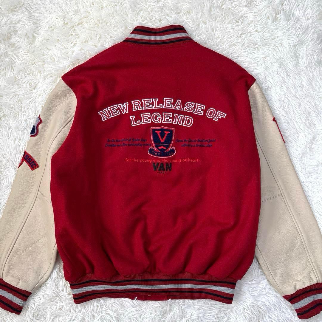 ✨フルデコ・XL✨VAN JACKET スタジャン レザー切替 ワッペン 赤