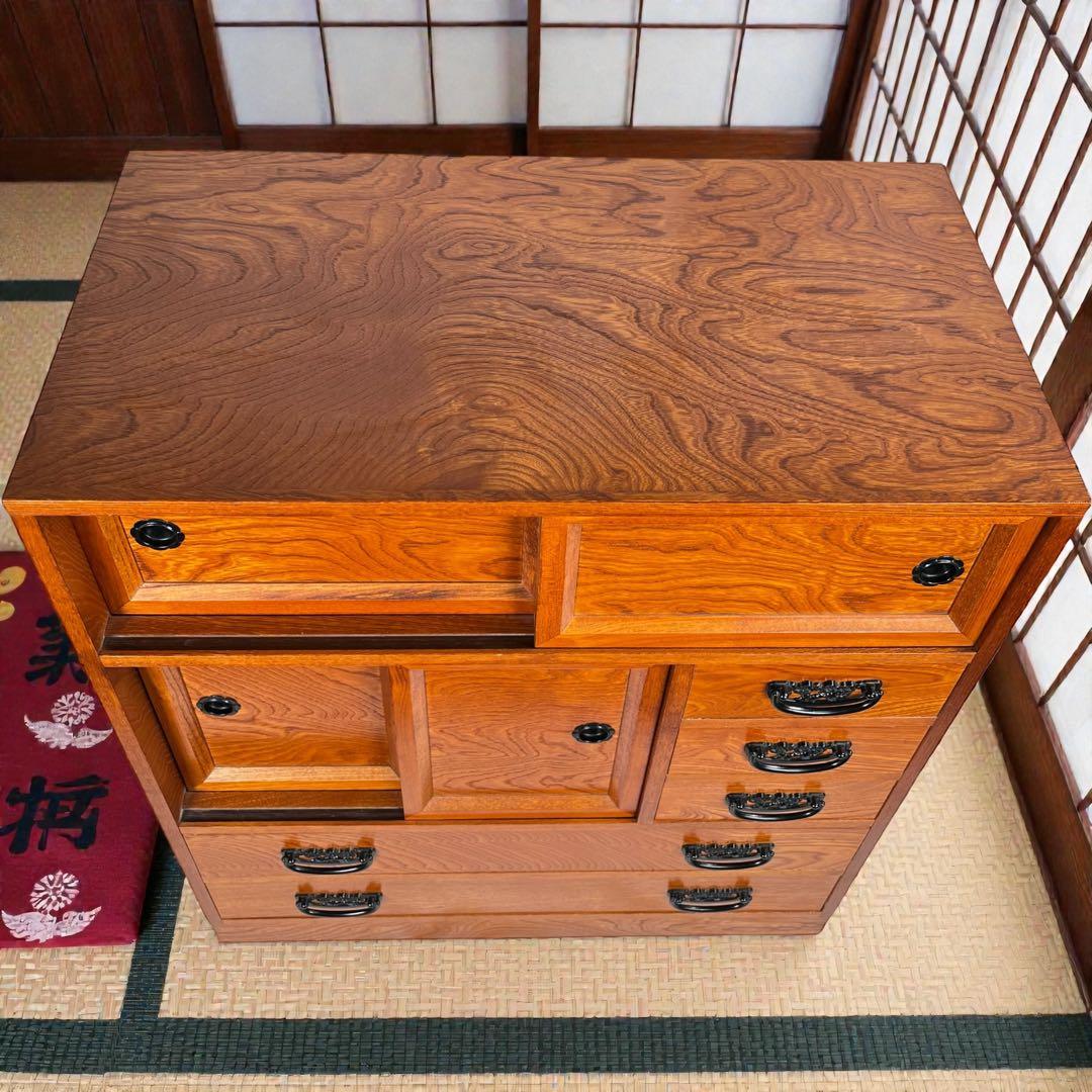 からくり箪笥 小型 ケヤキ調 和モダン 隠し収納 高級感美品希少一点物
