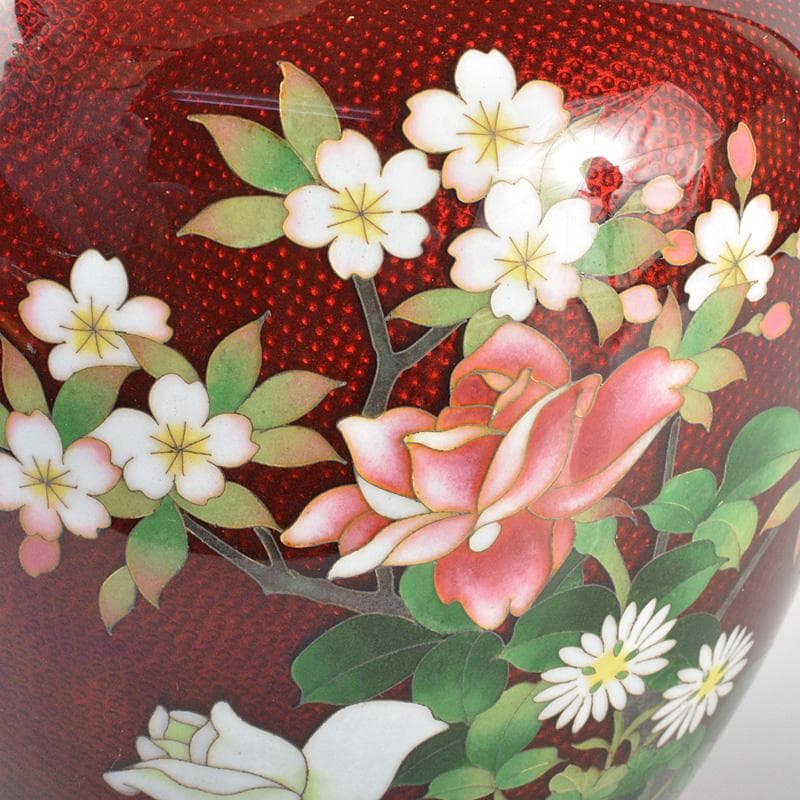 七宝焼　安藤七宝　赤透　花文　花瓶　C　6293