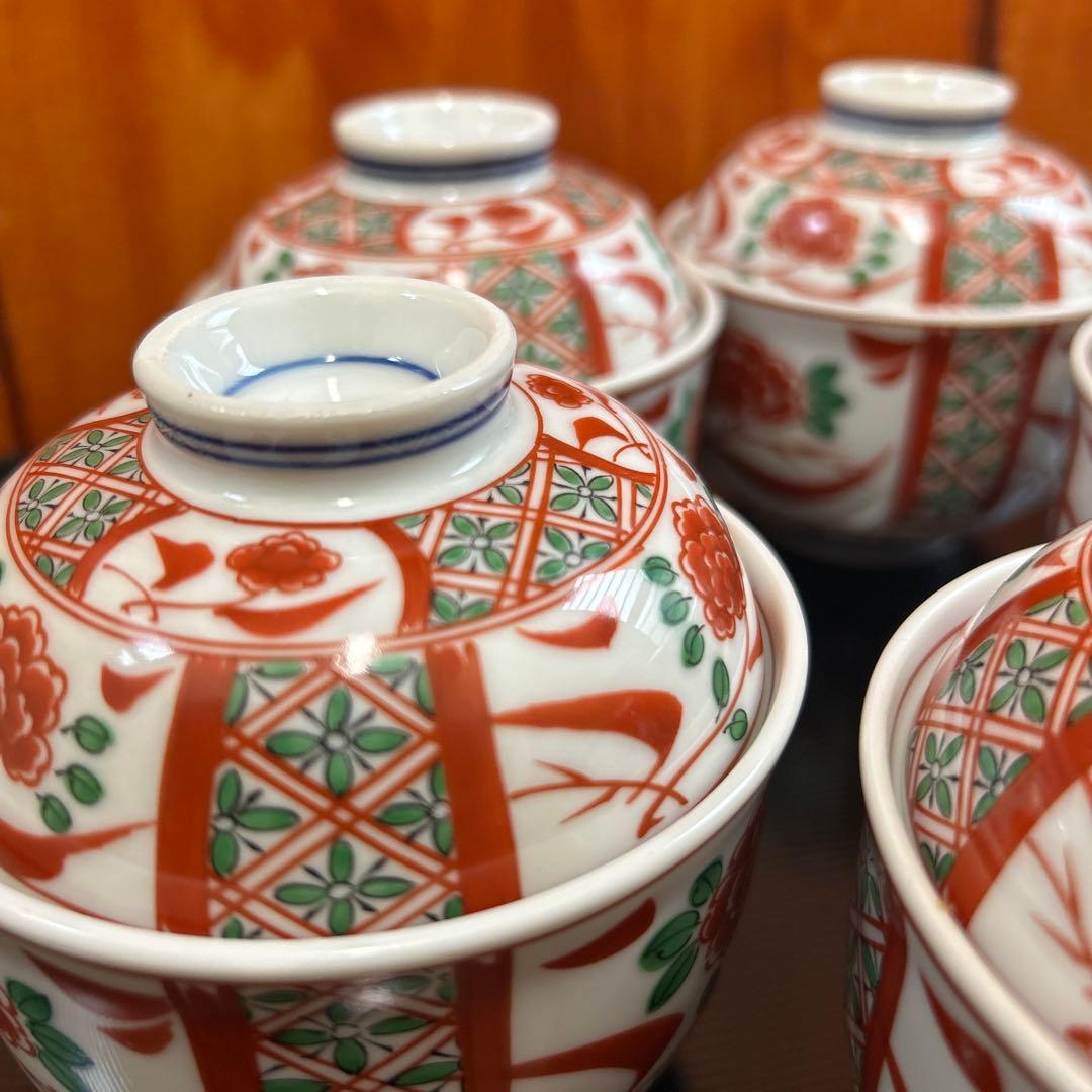 有田焼 喜峰窯 5客セット 赤絵 茶碗蒸し器 蓋付き碗 円菓子碗 蓋物