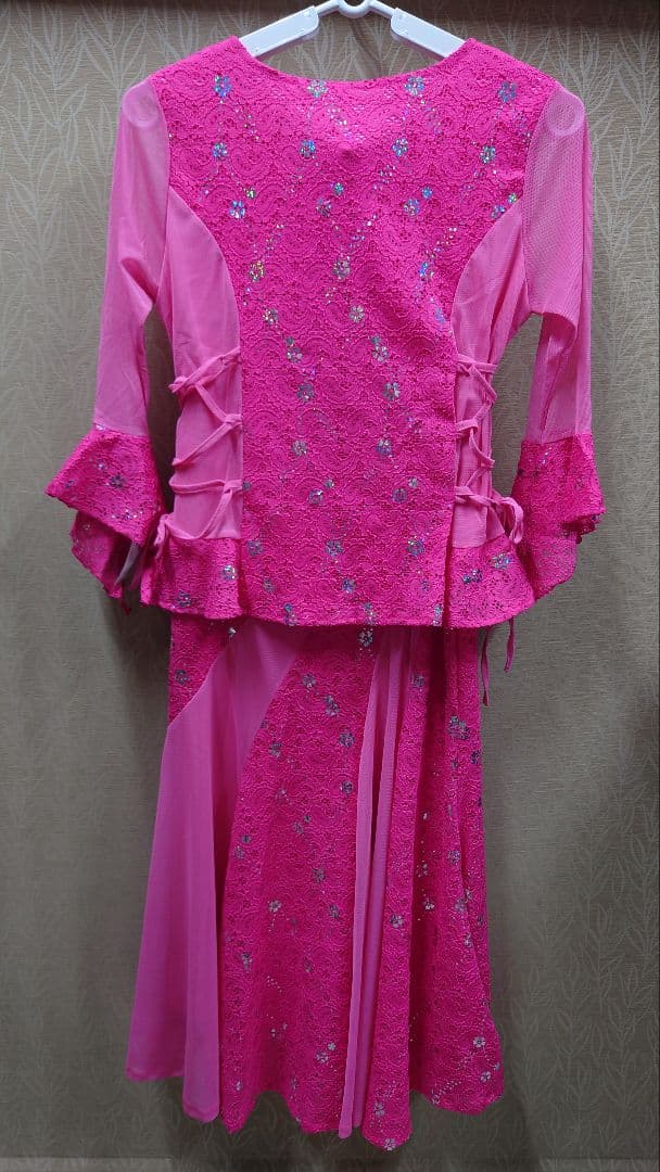 社交ダンス用ドレス ピンク フリル付き社交ダンスウェア M-L