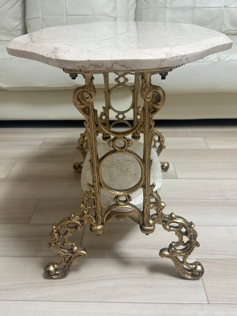アンティーク調　大理石調　サイドテーブル　ゴールド脚