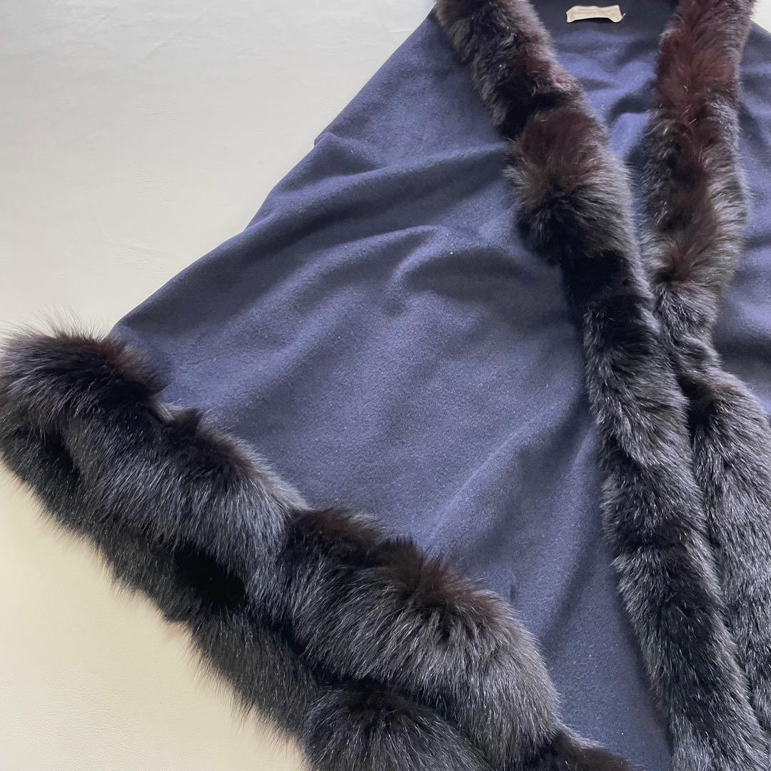 Riccardo Prisco ピュア カシミヤ ネイビー ファー付き ポンチョ