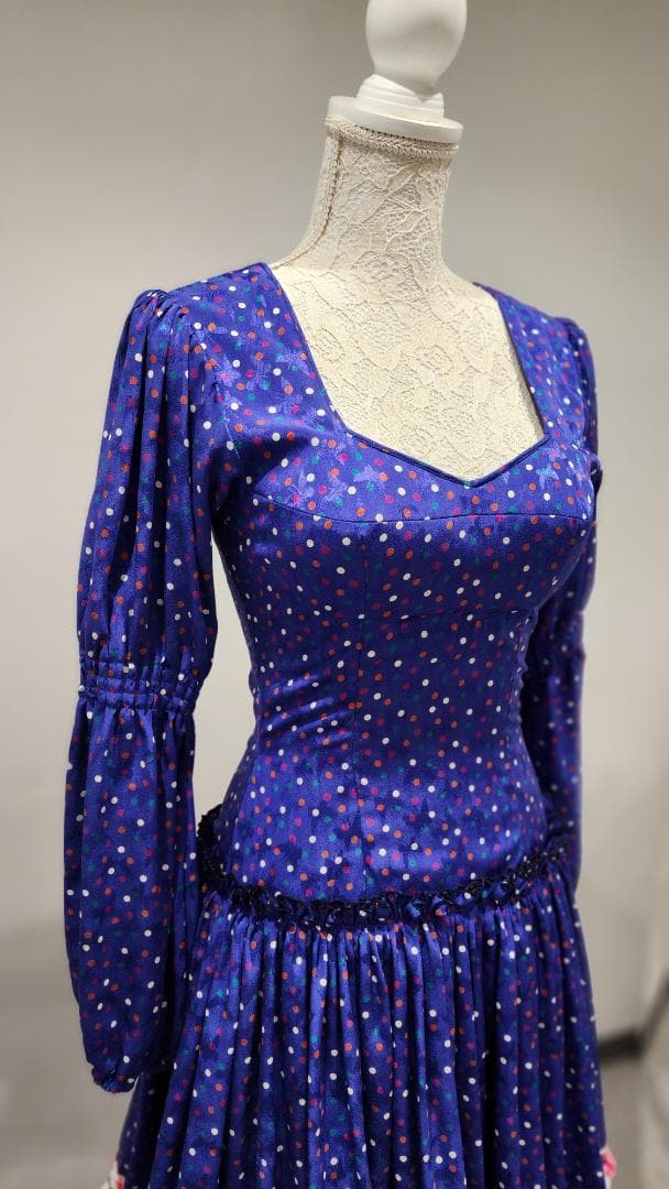 フラメンコドレス 青色 カラフル水玉 シージョ付き（中古）