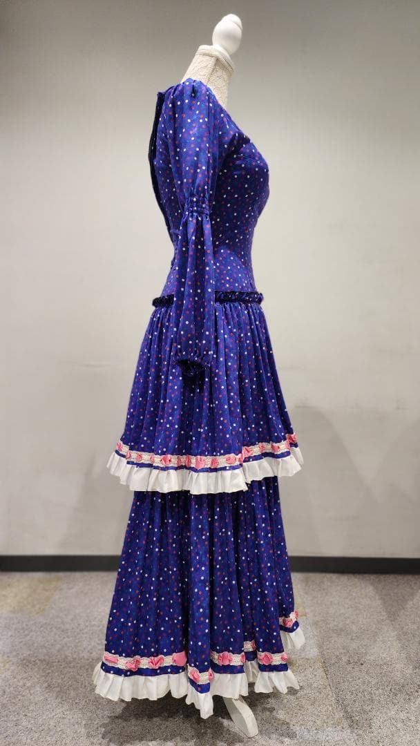 フラメンコドレス 青色 カラフル水玉 シージョ付き（中古）