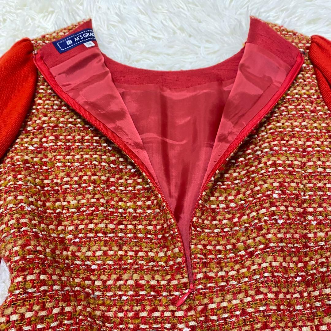 【M'S GRACY】 ニット ドッキングワンピース ツイード レッド 38