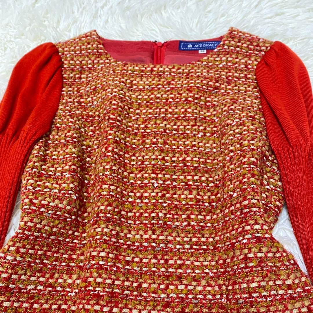 【M'S GRACY】 ニット ドッキングワンピース ツイード レッド 38