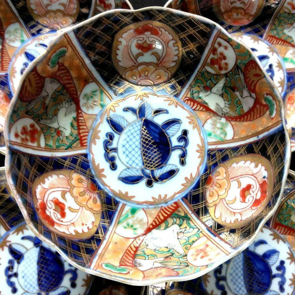 明治～大正 古伊万里 絢爛豪華 金襴手 二重角冨紋 膾皿 5客揃 角富 な