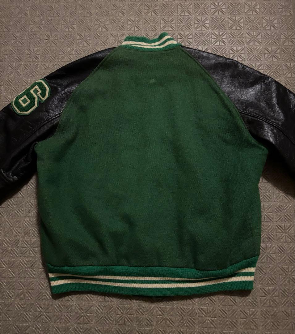 70s 80s USA製 スタジャン レザー 黒 緑 ラグラン 好配色