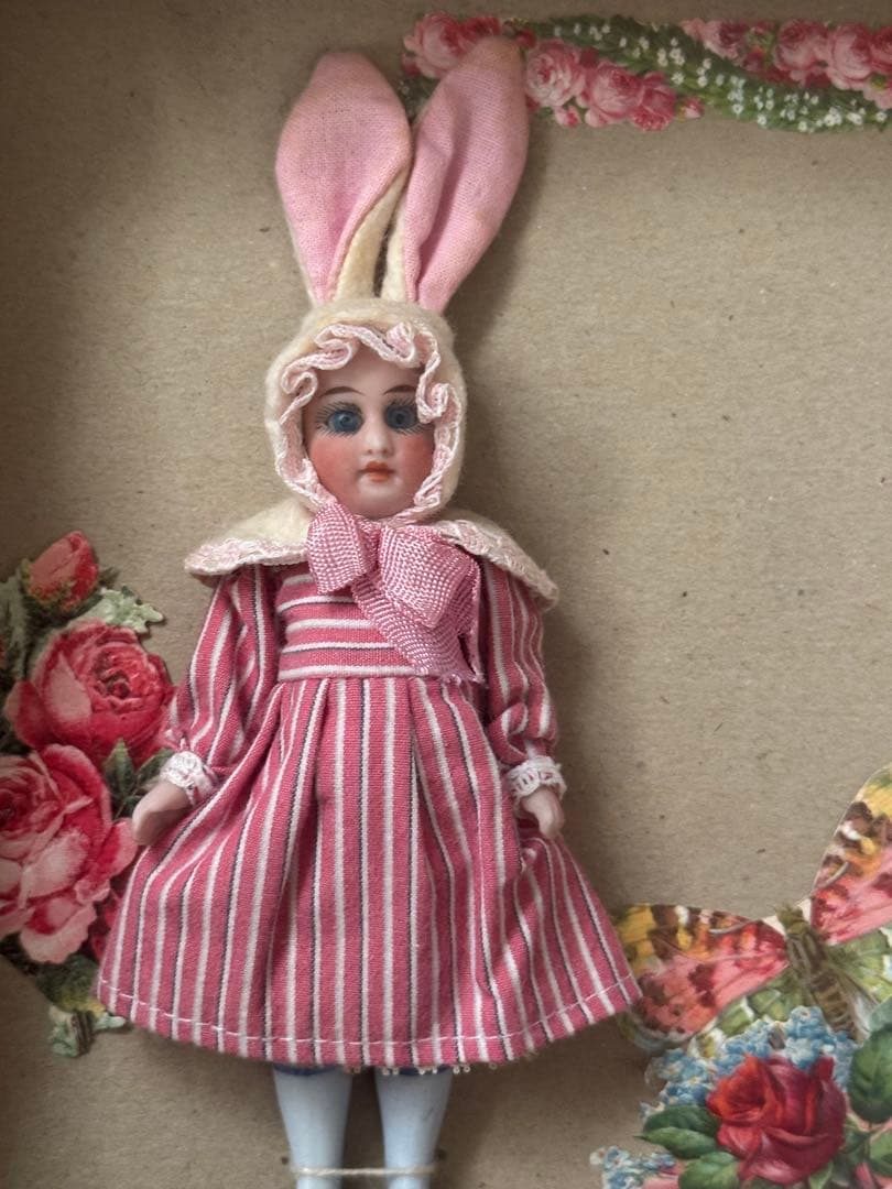 ウサギ耳付きアンティーク人形2体セット　ミ二ョネット　ピンク
