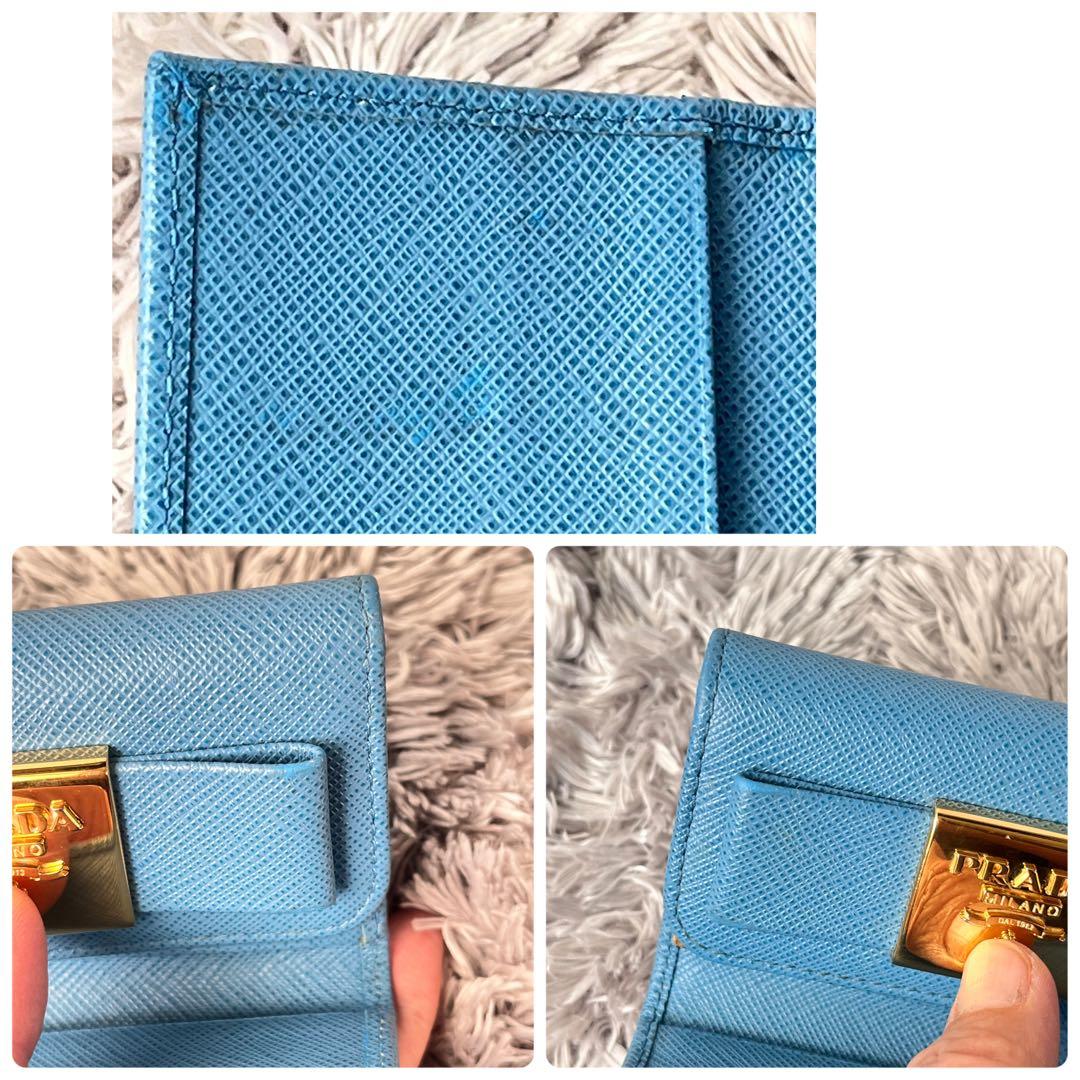 美品✨PRADA キーケース6連　ゴールドロゴ　サフィアーノ　水色
