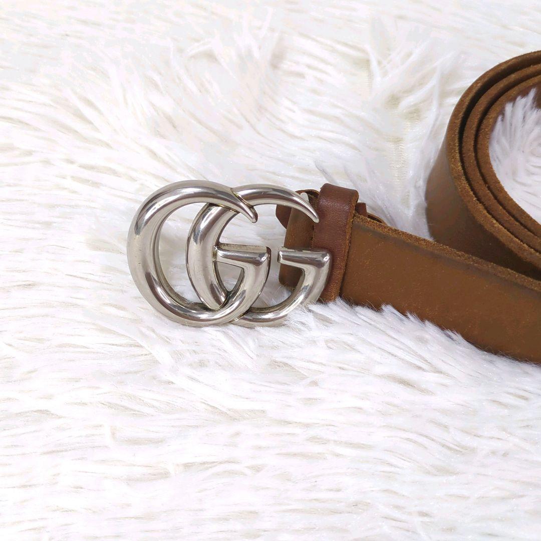 美品✨️　GUCCI　マーモント　ベルト　レザー　ブラウン　ビッグロゴ シルバー