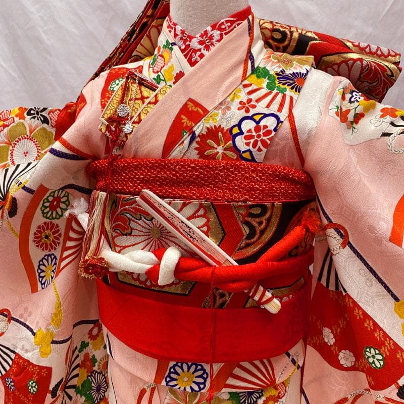 ◎508ag52◎七五三 七歳 女児 アンティーク着物&丸帯 単衣 総柄 白