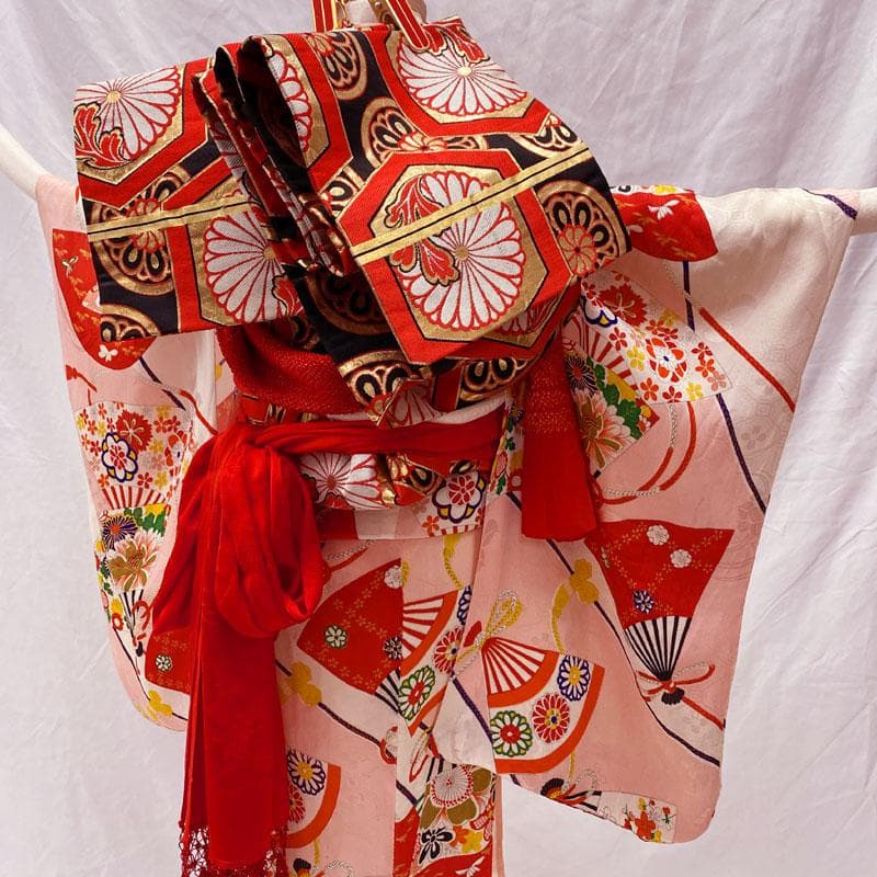 ◎508ag52◎七五三 七歳 女児 アンティーク着物&丸帯 単衣 総柄 白